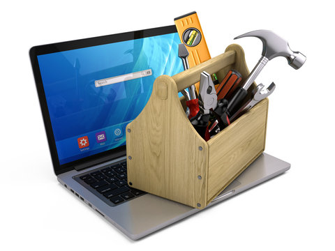 Toolbox with tools on laptop - Repair and recovery concept. 3d rendering