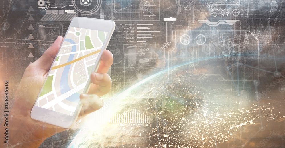 Poster composite image of man using map app on phone