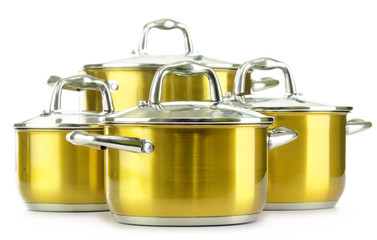 Steel pots isolated on white background