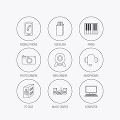 Photo camera, headphones and Usb flash icons.