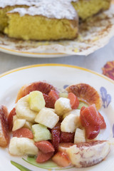 summer fruit salad and sponge cake