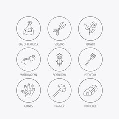 Hammer, hothouse and watering can icons.