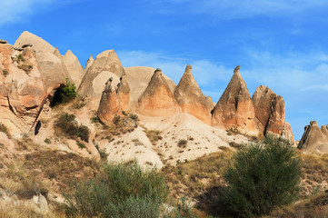 Fototapeta premium Bizarre forms of relief of Turkish Cappadocia. Goreme national p