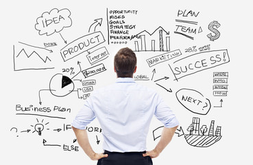 businessman looking at writings on white board