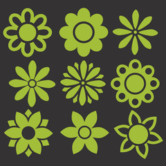 Set of green isolated vector flowers icons