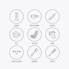 Syringe, beaker and pills icons. Medical signs.