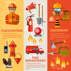 Obraz premium Professional firefighters banners fire safety equipment fireman