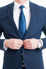 Salesman or lawyer closing his elegant blue suit jacket