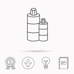 Shampoo bottles icon. Liquid soap sign.