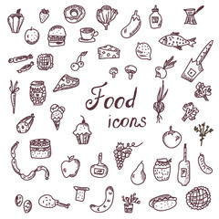 Handdrawn food icons, funny style set