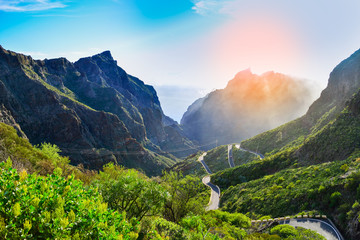 Aerial view over a winding road at high altitude on mountain in Masca village of Tenerife island in Spain © cristianbalate