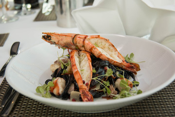 black Spaghetti with sauce and shirmp