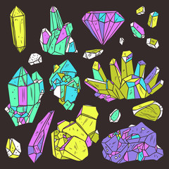 Set Of Hand Drawn Crystals And Minerals On Black Background. Trendy Hipster Design Elements. Color Geometric Gems