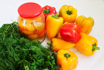 Fototapeta na wymiar canned tomatoes and fresh peppers