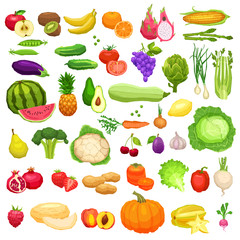 Vegetables And Fruits Big Icons Set In Flat Style On White Background. Healthy And Vegetarian Food Collection