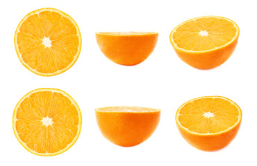 Ripe orange cut in half isolated over the white background, set of different foreshortenings