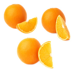 Served orange fruit composition isolated over the white background, set of different foreshortenings
