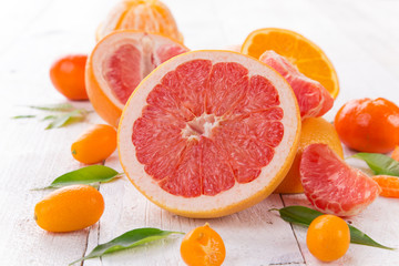 Grapefruit on a wooden table.