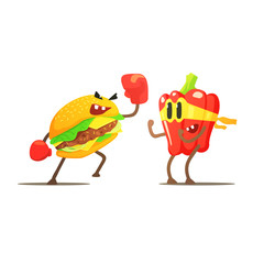 Hamburger Against Pepper Cartoon Fight