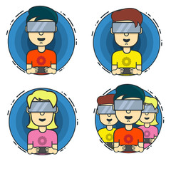 Children playing in the virtual reality. Command game. A child with isometric of a virtual reality headset. Flat cartoon vector illustration