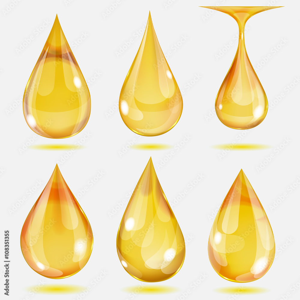Sticker set of transparent drops in yellow colors. transparency only in