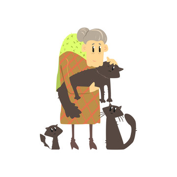 Old Lady With Three Cats