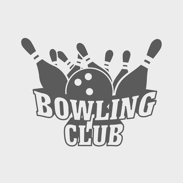 Bowling club logo, symbol or badge design concept with ball knocks down pins.