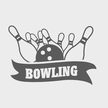 bowling logo, symbol or badge template with ball knocks down pins.