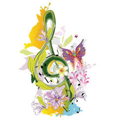 Naklejki  Letnia muzyka z kwiatami i motylami, kolorowe plamy.