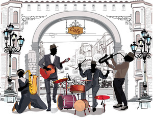 Fototapeta premium Series of the streets with musicians in the old city. 