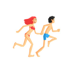 Fototapeta na wymiar Couple In Swimsuits Running Holding Hands