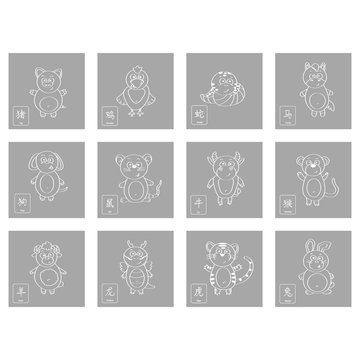 icon set with chinese zodiac signs for your design