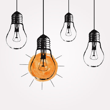 Vector grunge illustration with hanging light bulbs and place for text.  Modern hipster sketch style. Unique idea and creative thinking concept.  Stock Vector | Adobe Stock