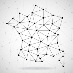 Abstract polygonal France map with dots and lines, network connections, vector illustration