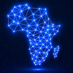 Abstract polygonal Africa map with glowing dots and lines, network connections, vector illustration, eps 10
