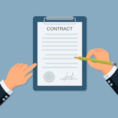 Close-up of a businessman hand with clipboard put the signature on the contract. Businessman hands holding clipboard with contract and pencil in flat style.