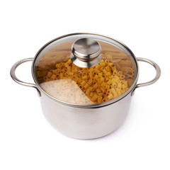 Metal pan with glass lid filled with dry ditalini pasta over isolated white background