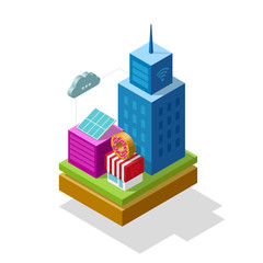 Smart city isometric vector illustration, future technology symbol concept, infrastructure wireless communication, colorful 3d buildings modern logo design isolated on white background