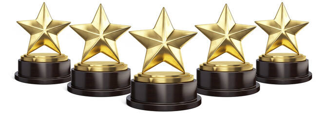 Five Gold stars trophy award isolated on white. 3d rendering
