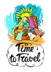 The time to travel. The inscription the lettering. Hand-drawn vector illustration