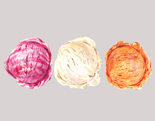 Set of three watercolor balls ice cream