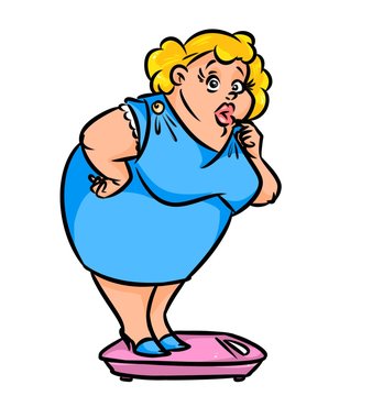 Fat woman weighed  scales wonder cartoon illustration 