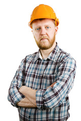 Worker in orange helmet and plaid shirt