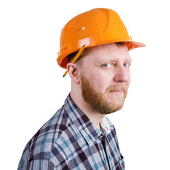 Construction worker in orange construction helmet