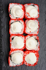 Homemade sushi set with red tobiko and cream cheese