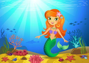 Obraz na płótnie Canvas Seabed with mermaid and corals