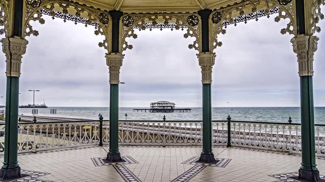 Time lapse view of the Victorian bandstand and the remains of the destroyed West pier in Brighton and Hove (UK)