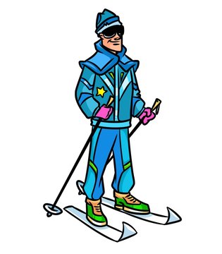 Man warm clothing sport skiing cartoon illustration