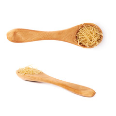 Set of wooden spoon filled with dry noodles pasta over isolated white background