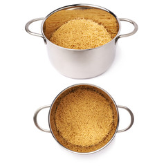 Set of metal pan filled with dry noodles pasta over isolated white background